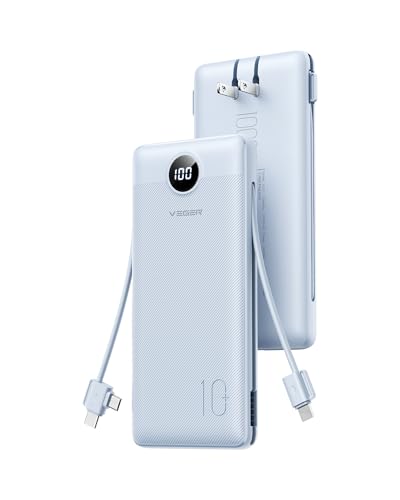 AC Wall Plug Portable Charger, 10000mah Slim Portable Charger Built in Cables, USB C Power Bank 15W Fast Charging, Travel Essential Battery Pack