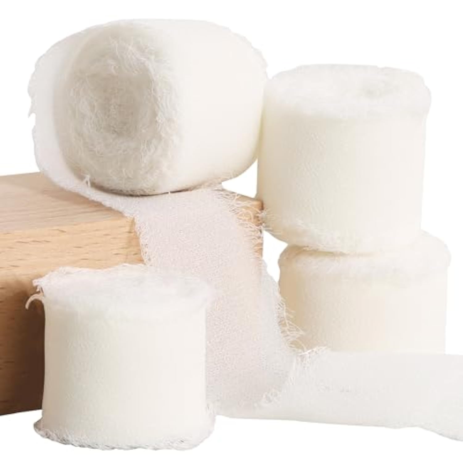 4 Rolls 1-1/2 Inch White Cream Chiffon Silk Ribbon 22Yds Handmade Frin