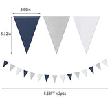 Navy-Blue White-Silver Party Decorations Banner - 2 Pack Men Birthday Graduation 2024 Glitter Sprinkles Paper Pennant Triangle Flags, Fathers Day Wedding Baby bridal Shower Bunting