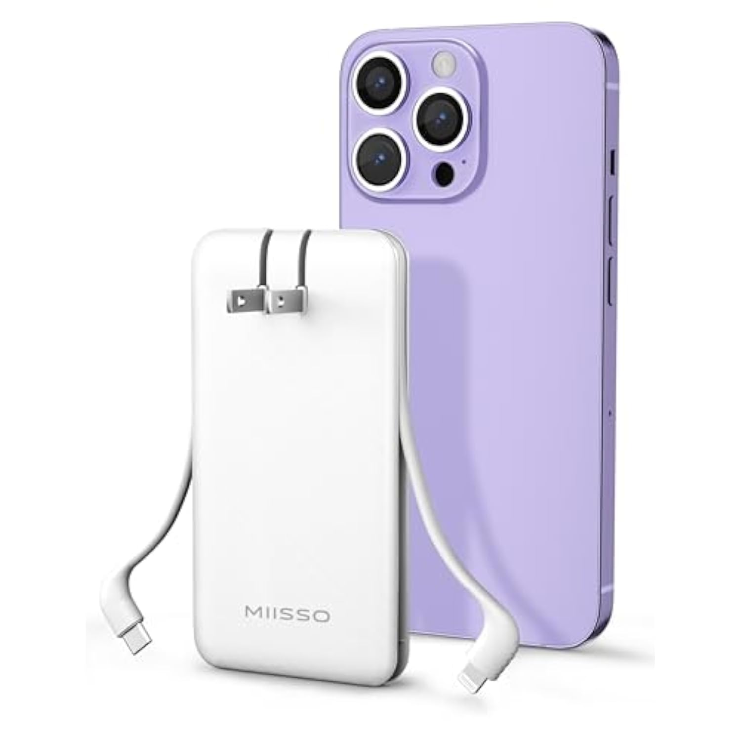 Ultra Slim 10000Mah Power Bank Built-In Cables And Foldable Ac Wall Plug, Pocket Size Usb C Portable Charger, External Battery Pack Compatible With Iphone Samsung Ipad Etc, White