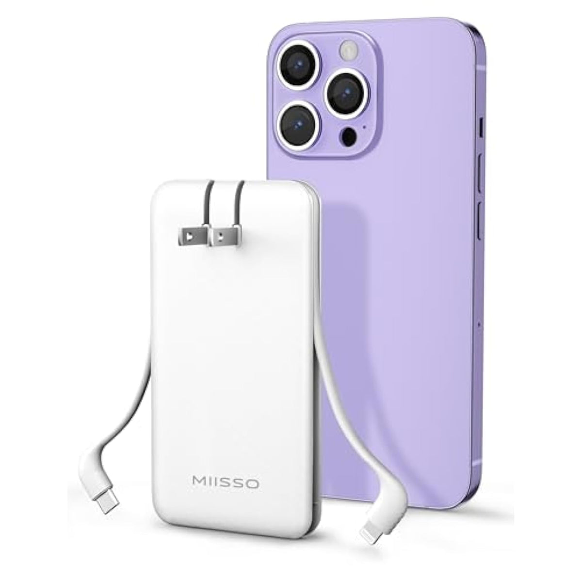 Ultra Slim 10000Mah Power Bank Built-In Cables And Foldable Ac Wall Plug, Pocket Size Usb C Portable Charger, External Battery Pack Compatible With Iphone Samsung Ipad Etc, White