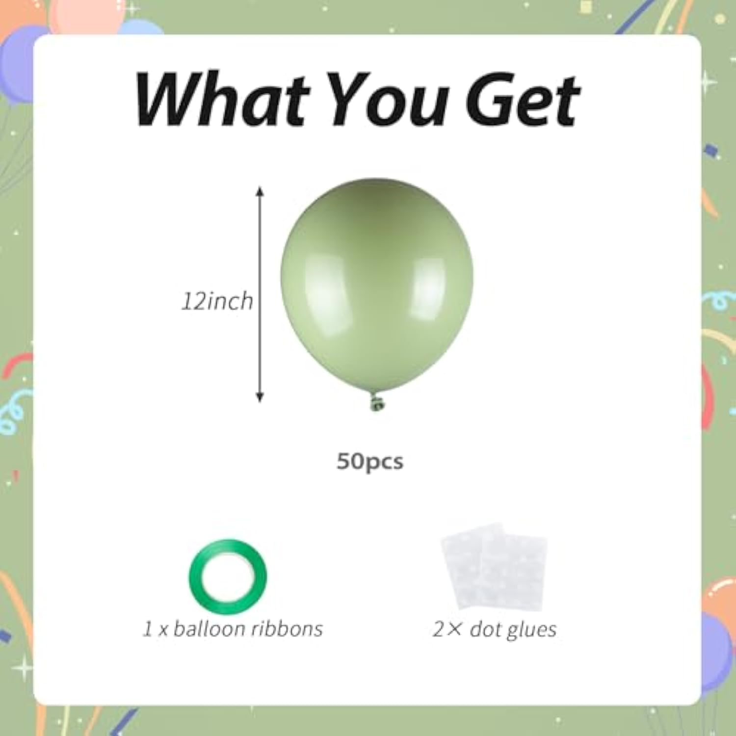 50 Pc Sage Green 12 Inch Helium Balloons with Ribbons for Party Decorations