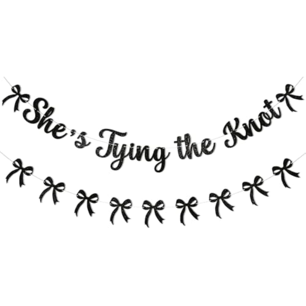 She'S Tying The Knot Banner & Black Bow Garland, Bow Bridal Shower Engagement Wedding Party Decorations For Women Black Glitter