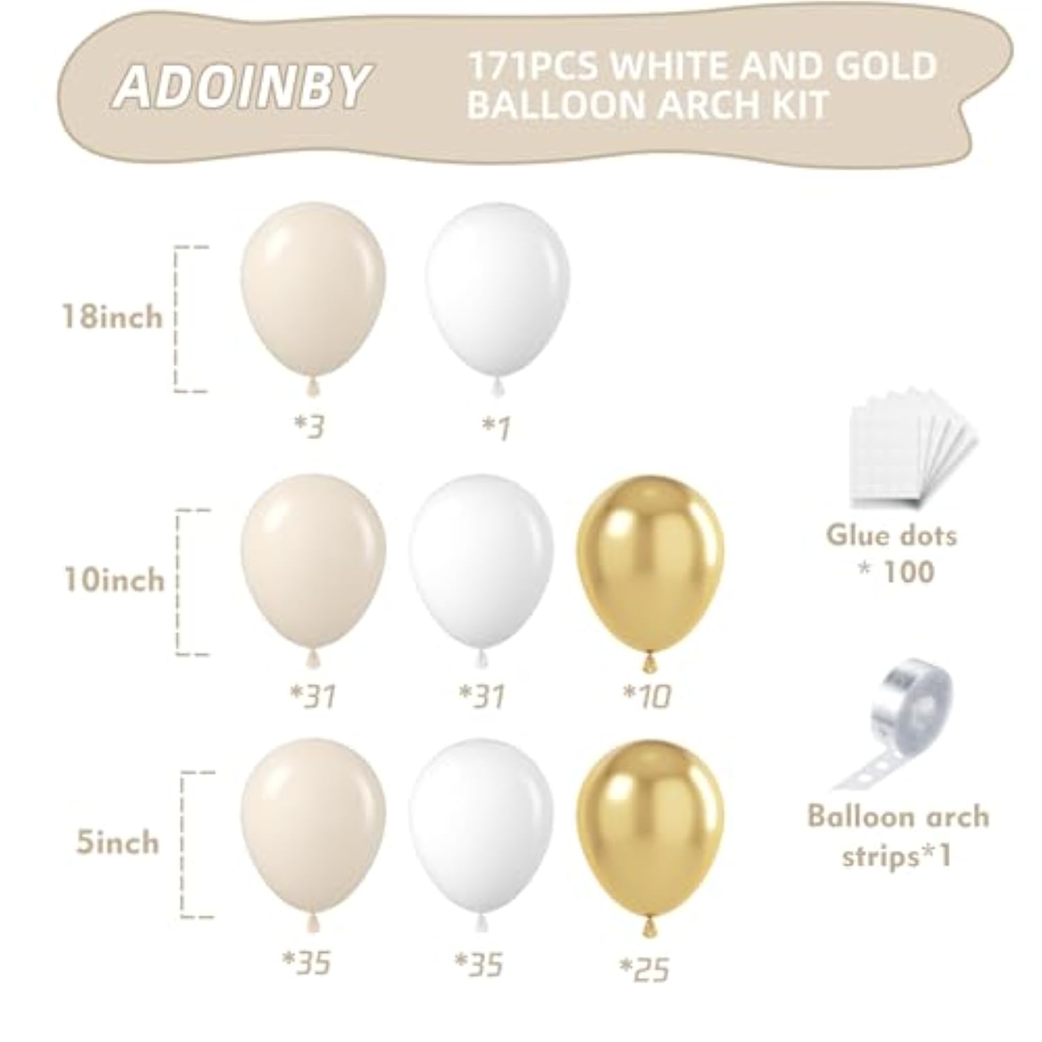 Sand White And Gold Balloon Arch Kit, 171Pcs White Nude Neutral Beige Metallic Gold Different Size Balloons For Boho Wedding Baby Bridal Shower Engagement Birthday Party Decorations Backdrop