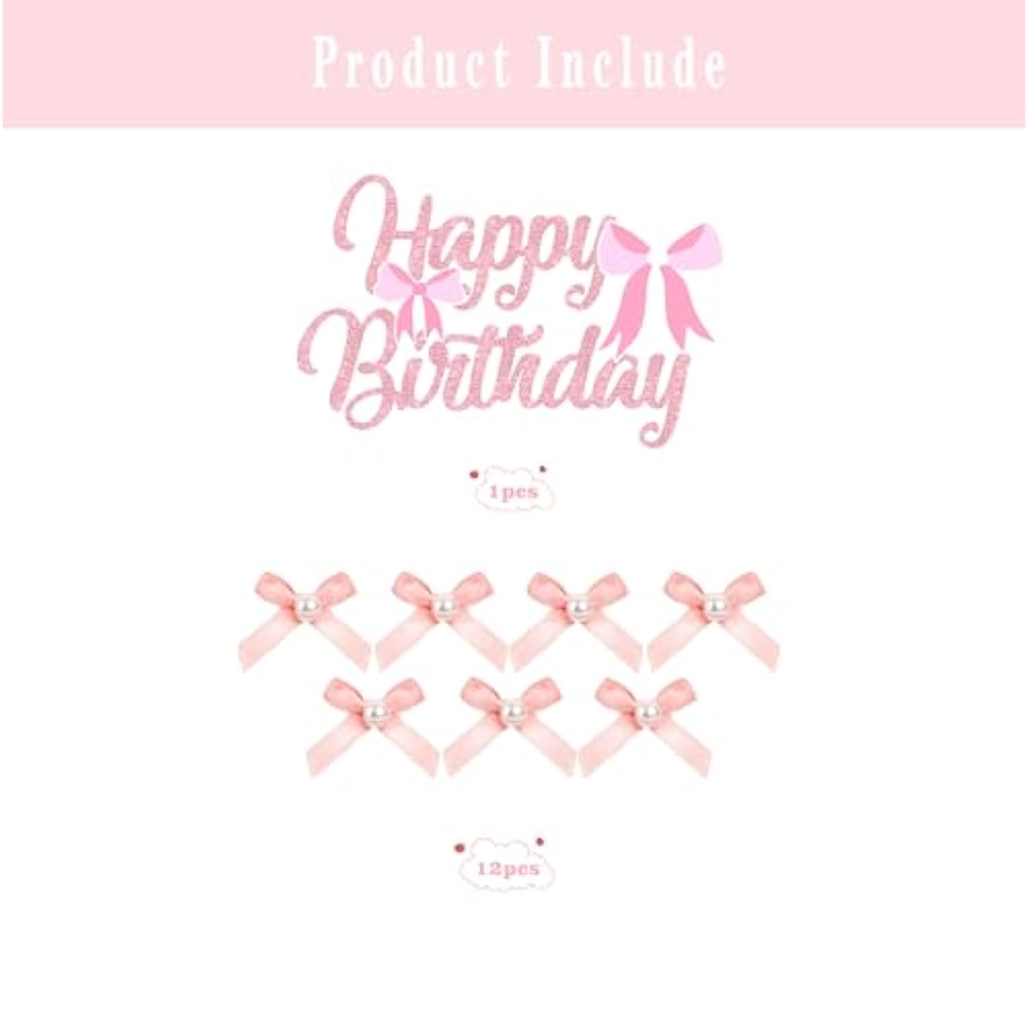 12Pcs Mini Pink Bow And Pearl Cake Toppers, 1 Pc Happy Birthday Sign,Coquette Cake Toppers For Pink Bow Birthday Decorations, Baby Shower, Bridal Shower, Graduation Party, Bachelorette Party