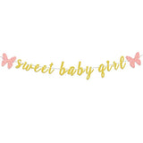 Sweet Baby Girl Gold Glitter Garland Banner With Pink Butterfly Perfect For Baby Shower Baby Girl Birthday Party Decorations.