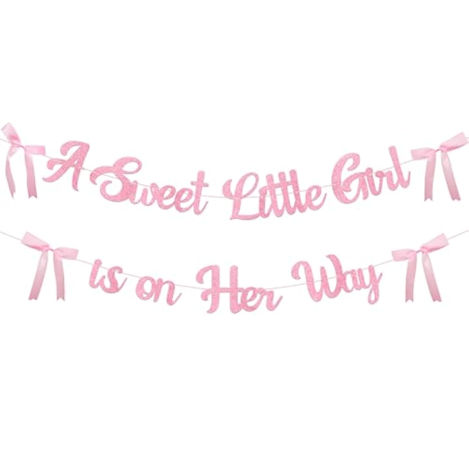 A Sweet Little Girl Is On Her Way Banner For Bow Baby Shower Decorations, Pink Glitter Baby Garland For Baby Girl Coquette Party Decor