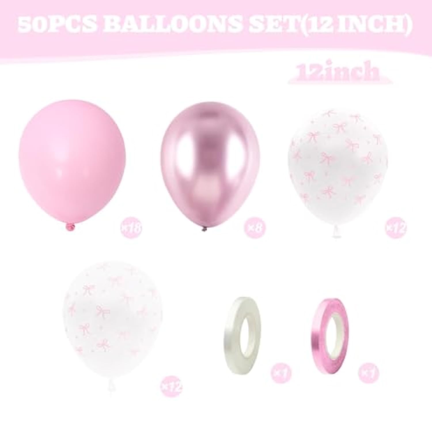 50pcs Pink Bow Latex Balloons for Birthday, Bachelorette & Wedding Parties