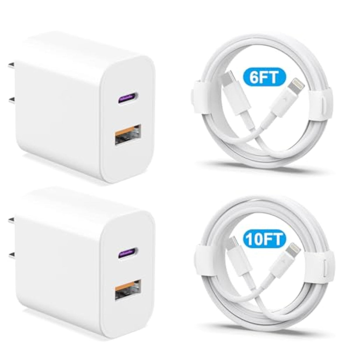20W Dual Port Fast Charger Block 2-Pack With 6Ft & 10Ft Mfi-Certified Cables, Pd/Qc3.0 Quick Charge Adapter For Iphone 14/13/12/11 Pro Max/Xs/Xr/X, Ipad, Airpods Pro - Overheat & Surge Protection