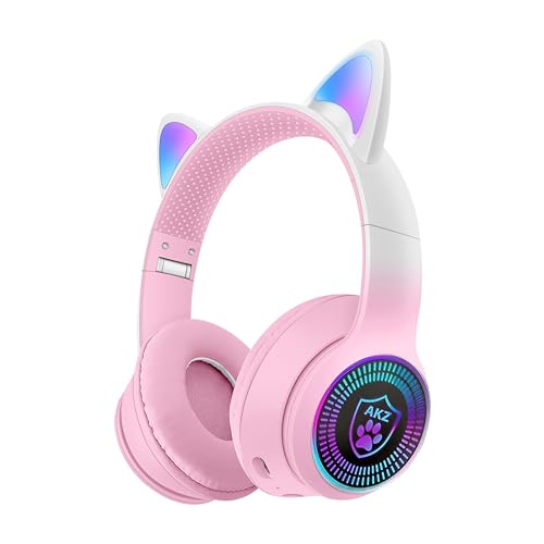 Cat Ear Gaming Bluetooth 5.3 Wireless Foldable Headphones with LED Light, Stereo Game Surround Sound Over-Ear Headsets with Microphone AUX for PC,
