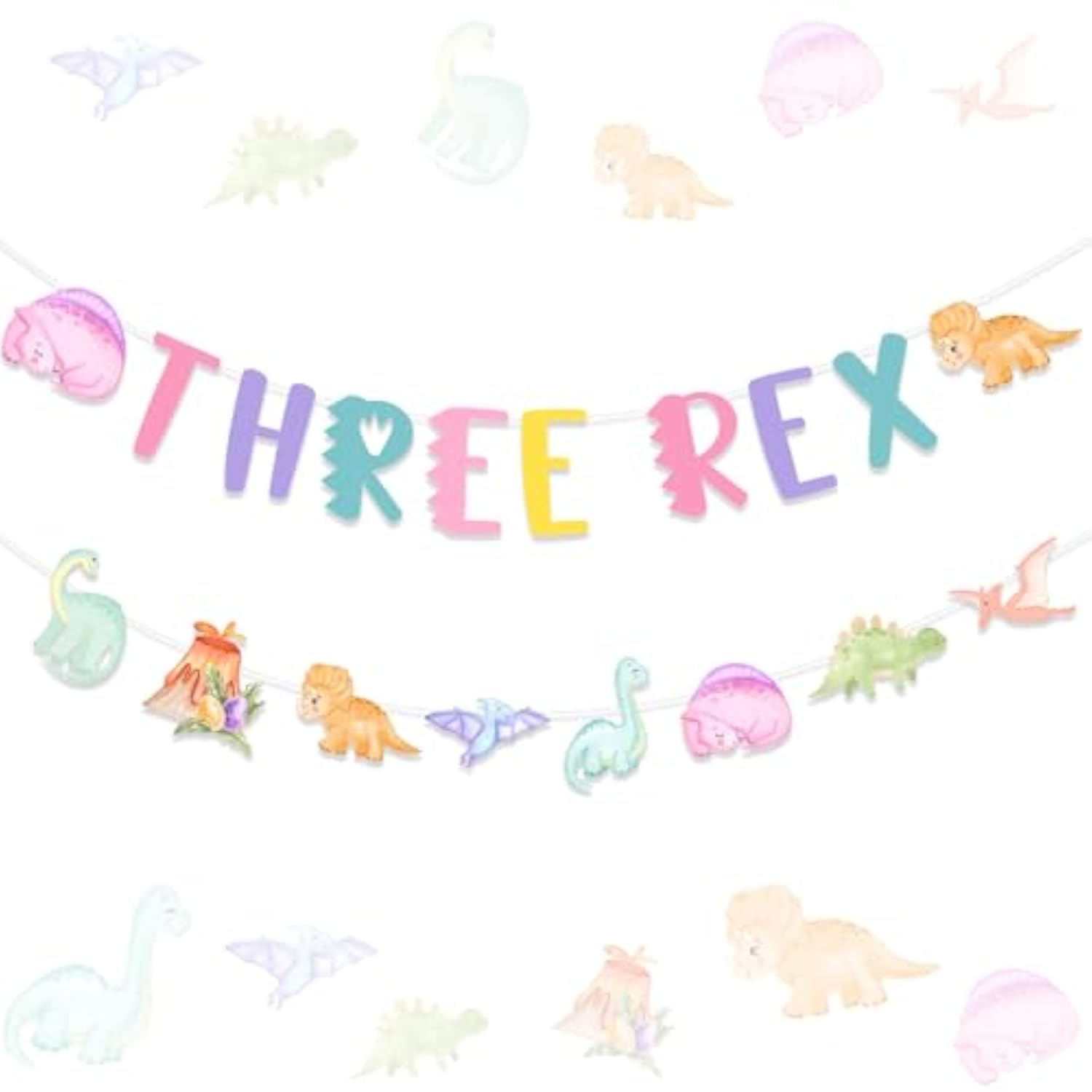Dinosaur 3Rd Birthday Banner Garland Decorations For 3 Year Old Girl, Three Rex Dinosaur Theme Birthday Banner Pastel Macaroon Bday Party Supplies Decors
