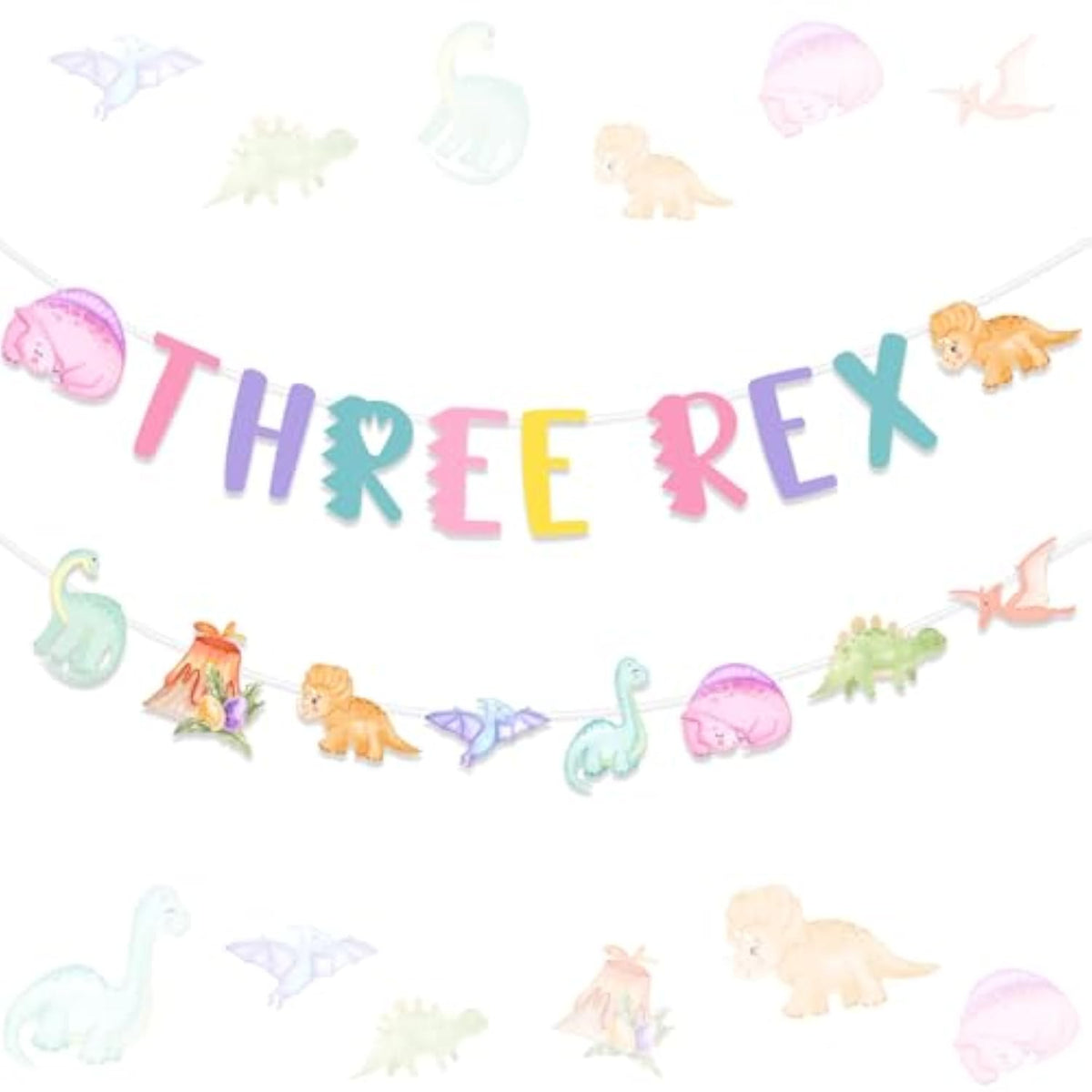 Dinosaur 3Rd Birthday Banner Garland Decorations For 3 Year Old Girl, Three Rex Dinosaur Theme Birthday Banner Pastel Macaroon Bday Party Supplies Decors