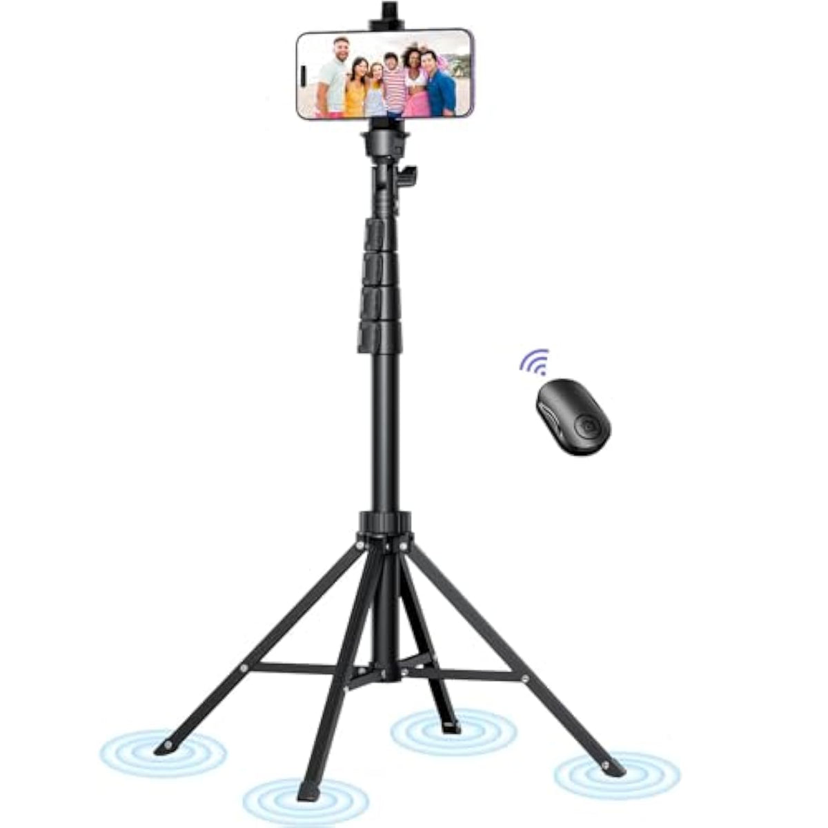 62" Selfie Stick Tripod For Iphone, Stable 4 Leg Design, Bluetooth Remote, Aluminum Stick & Legs, Lightweight, Portable All In One, Compatible With Iphone & Android, Non Skid Feet