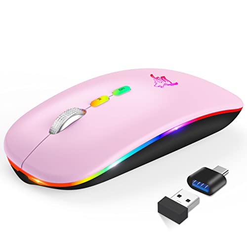 Led Wireless Mouse, Slim Rechargeable Wireless Bluetooth Mouse, 2.4G Portable Usb Optical Computer Mice With Usb Receiver And Type C Adapter (Pink)