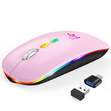 Led Wireless Mouse, Slim Rechargeable Wireless Bluetooth Mouse, 2.4G Portable Usb Optical Computer Mice With Usb Receiver And Type C Adapter (Pink)