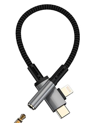 Aux to USB C Lightning for iPhone 17 16 15 14 13 Pro Max (2in1) 3.5mm Audio Adapter Headphone Jack Dongle Cable Female Car Port Splitter Compatible