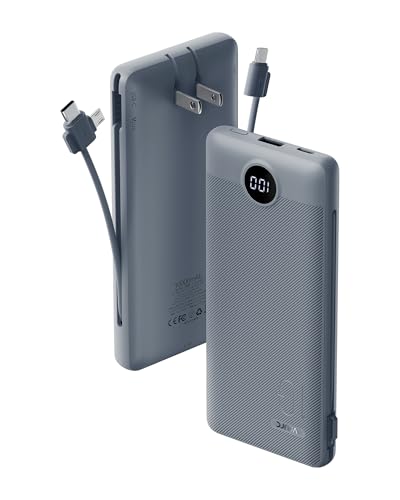 Portable Charger Built-in Cables and AC Wall Plug, USB C Power Bank 10000mAh, Travel Battery Portable Phone Charger Compact Lightweight External