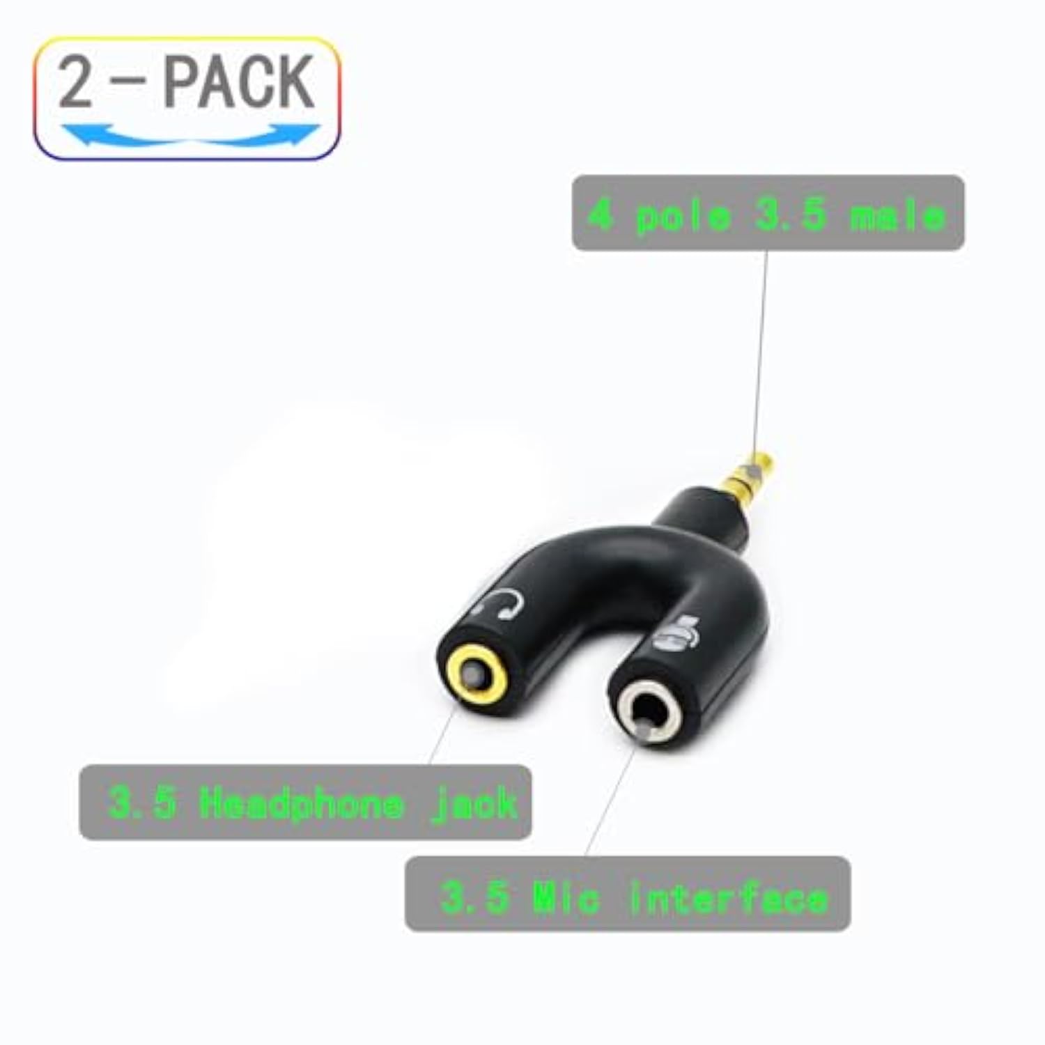 2 Pack Headset Splitter Adapter, U Shape 3.5Mm 4 Pole Male To 2 X 3 Pole Female Headphone Y Splitter