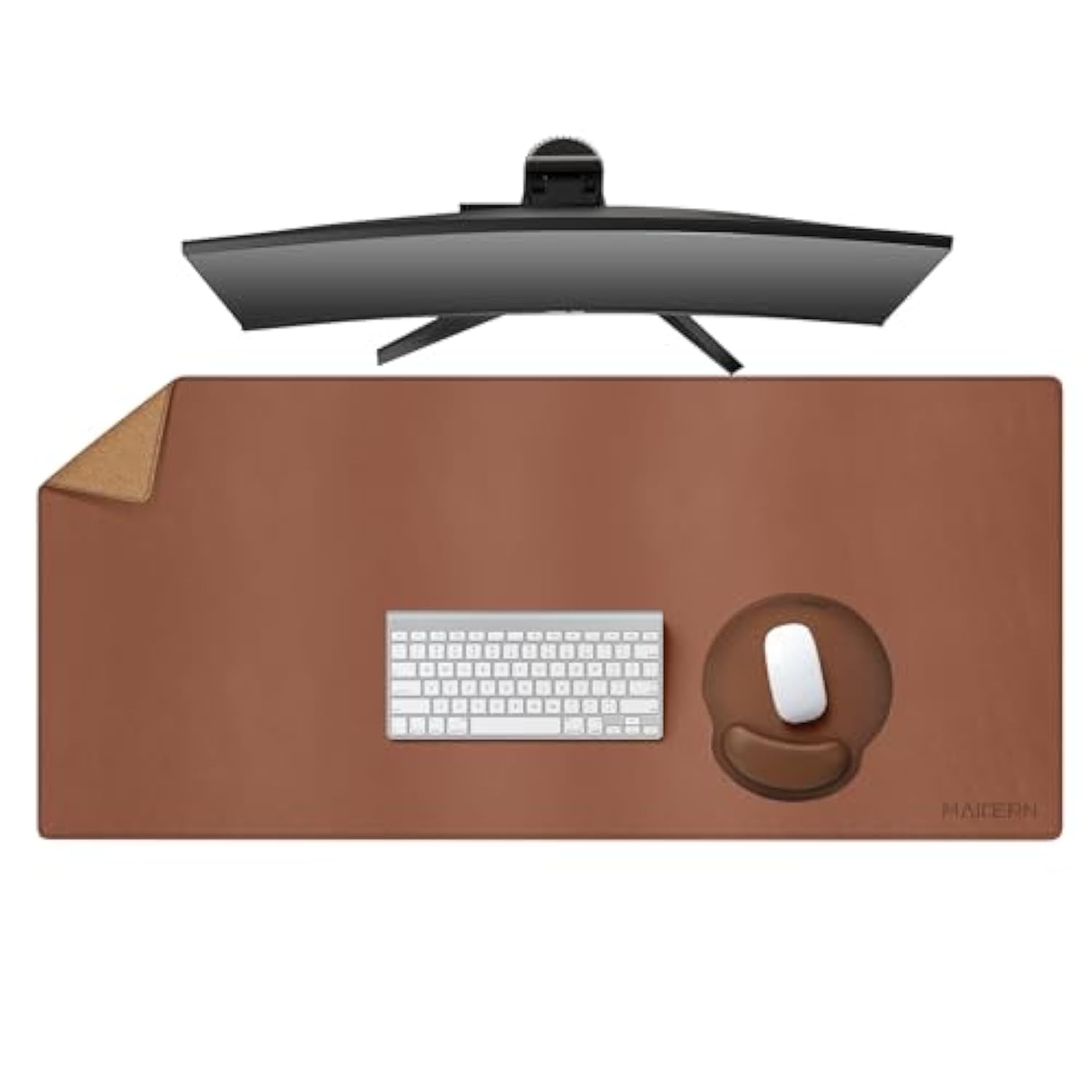 MAIDERN 43.3”x 19.6” Leather Desk Mat, Large Desk Pad, Cork & Leather Large Mouse pad for Desk, Waterproof Computer Desk Mat for Gaming Home Office (Brown)