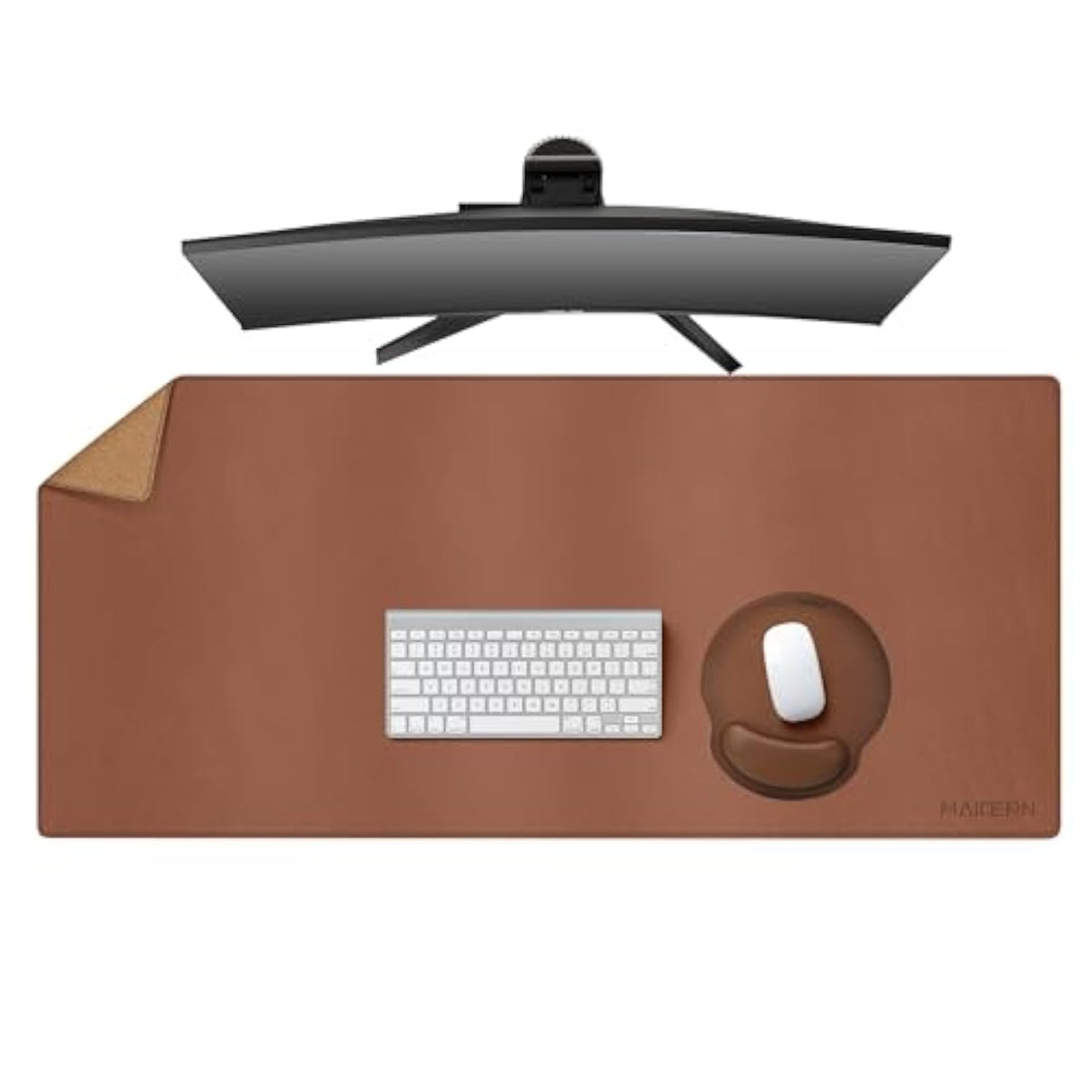MAIDERN 43.3”x 19.6” Leather Desk Mat, Large Desk Pad, Cork & Leather Large Mouse pad for Desk, Waterproof Computer Desk Mat for Gaming Home Office (Brown)