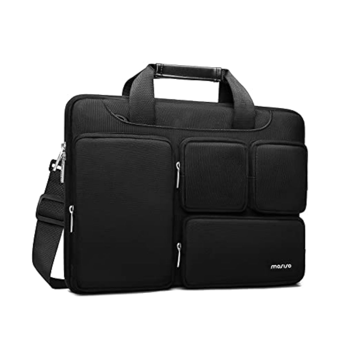 MOSISO Laptop Shoulder Messenger Bag Compatible with MacBook Air/Pro, 13-13.3 inch Notebook, Compatible with MacBook Pro 14 inch, Polyester Briefcase Sleeve with 4 Front Zipper Pockets & Belt,Black