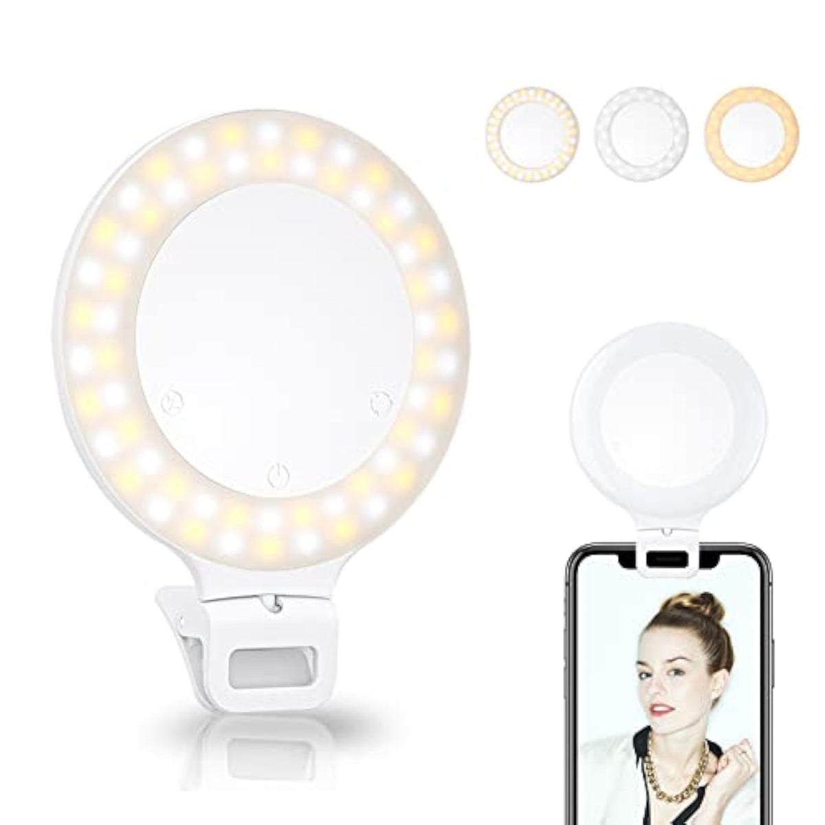 Clip-On Selfie Ring Light 60 LEDs 3 Modes Touch Control Rechargeable 800mAh