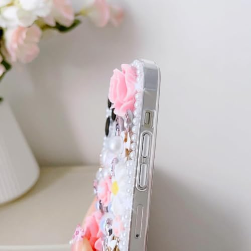 Bling Diamond Case for Google Pixel 10 Pro XL with Pearl Bracelet Strap Cover,Pink 3D Sparkly Shiny Crystal Rhinestones Flower Girly Shockproof Phone