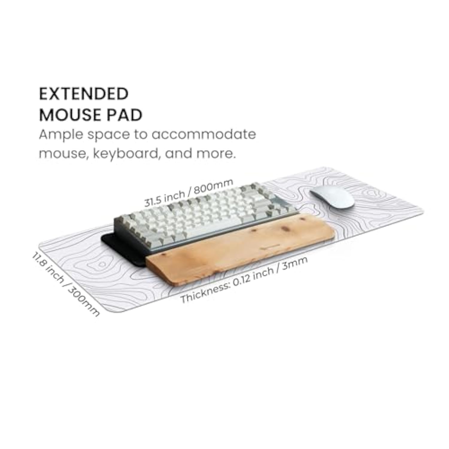 Large Gaming Mouse Pad, Full Keyboard Mat, Long Laptop Mousepad, Computer Mouse Mat For Home And Office, Anti-Slip Rubber Base, 31.5 X 11.8 Inches (Grey White Topographic Map)