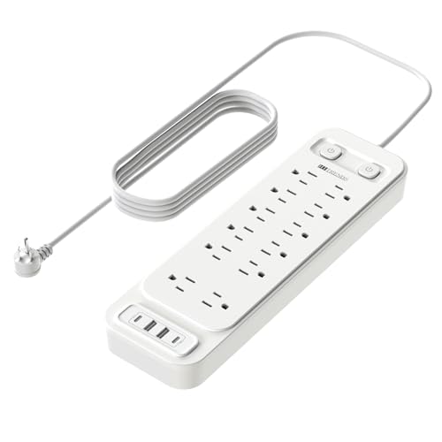 Surge Protector, Power Strip With Dual Independent Switches, Extension Cord & 12 Outlets And 2 Usb-A And 2 Usb-C For Offices, 1250W/10A, 6Ft Cord, Overload Protection
