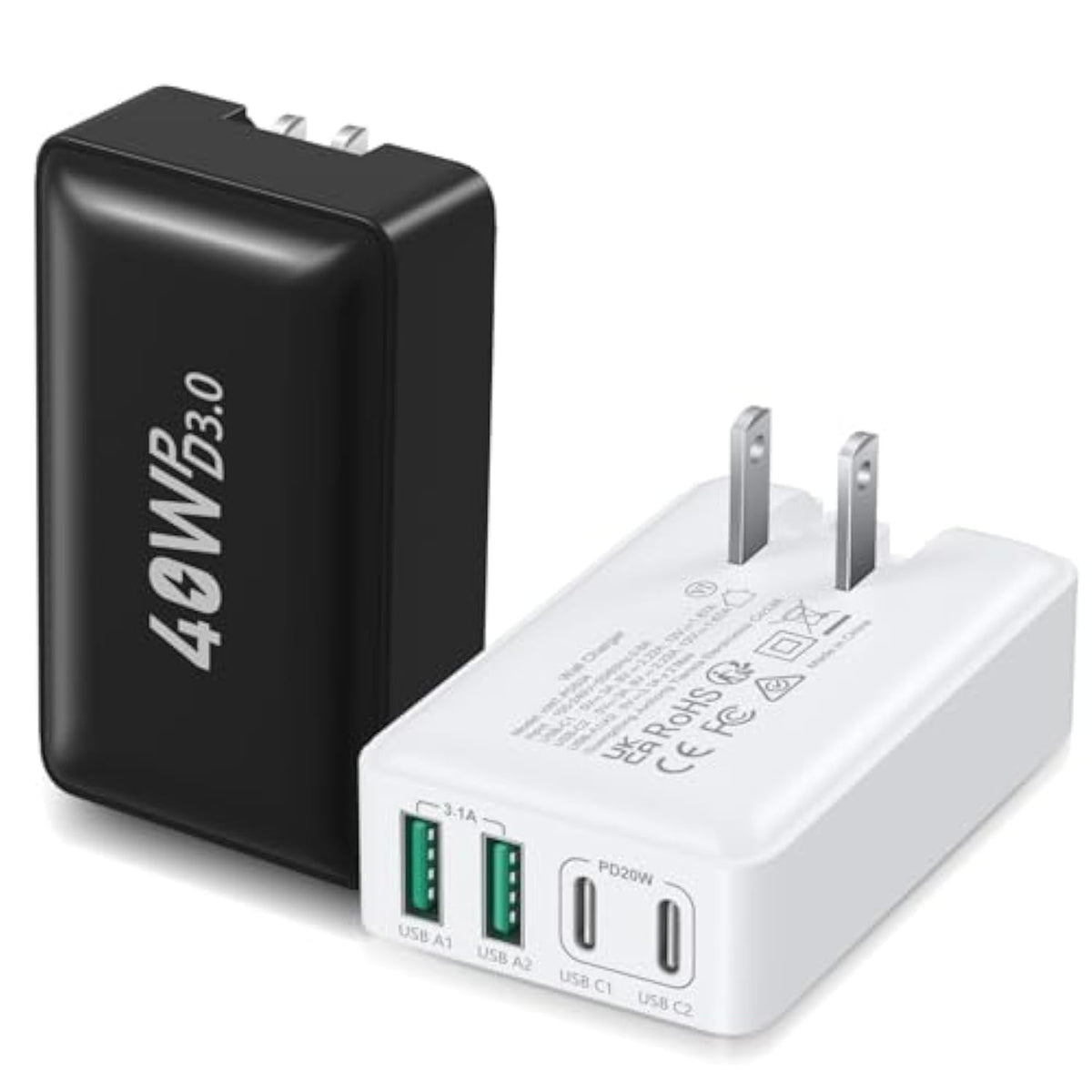 Usb C Wall Charger 40W, 4-Port Flat Usb C Charging Block Dual Pd+Qc Slim Fast Foldable Wall Plug Travel Compatible For Iphone 16 15 Pro Max 14 13 Ipad Watch Galaxy S24 Pixel,2Pack Black White