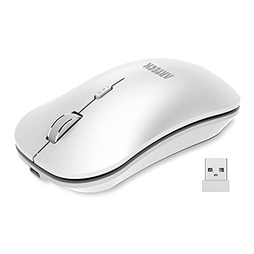 2.4G Wireless Mouse With Nano Usb Receiver Ergonomic Design Silent Clicking For Computer/Desktop/Pc/Laptop And Windows 10/8/7 Build In Rechargeable Battery - White