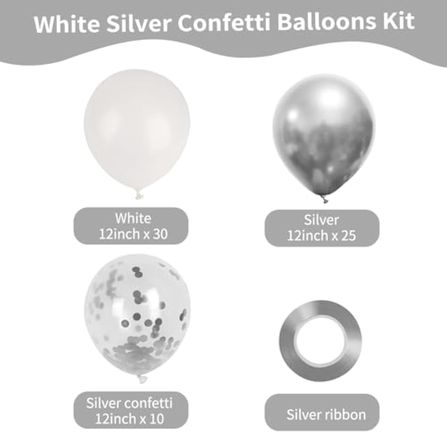 White And Silver Confetti Balloons Kit, 65Pcs 12 Inches Metallic Silver Chrome Party Balloons With Ribbons For Birthday, Wedding, Baby Shower, Graduation Decorations