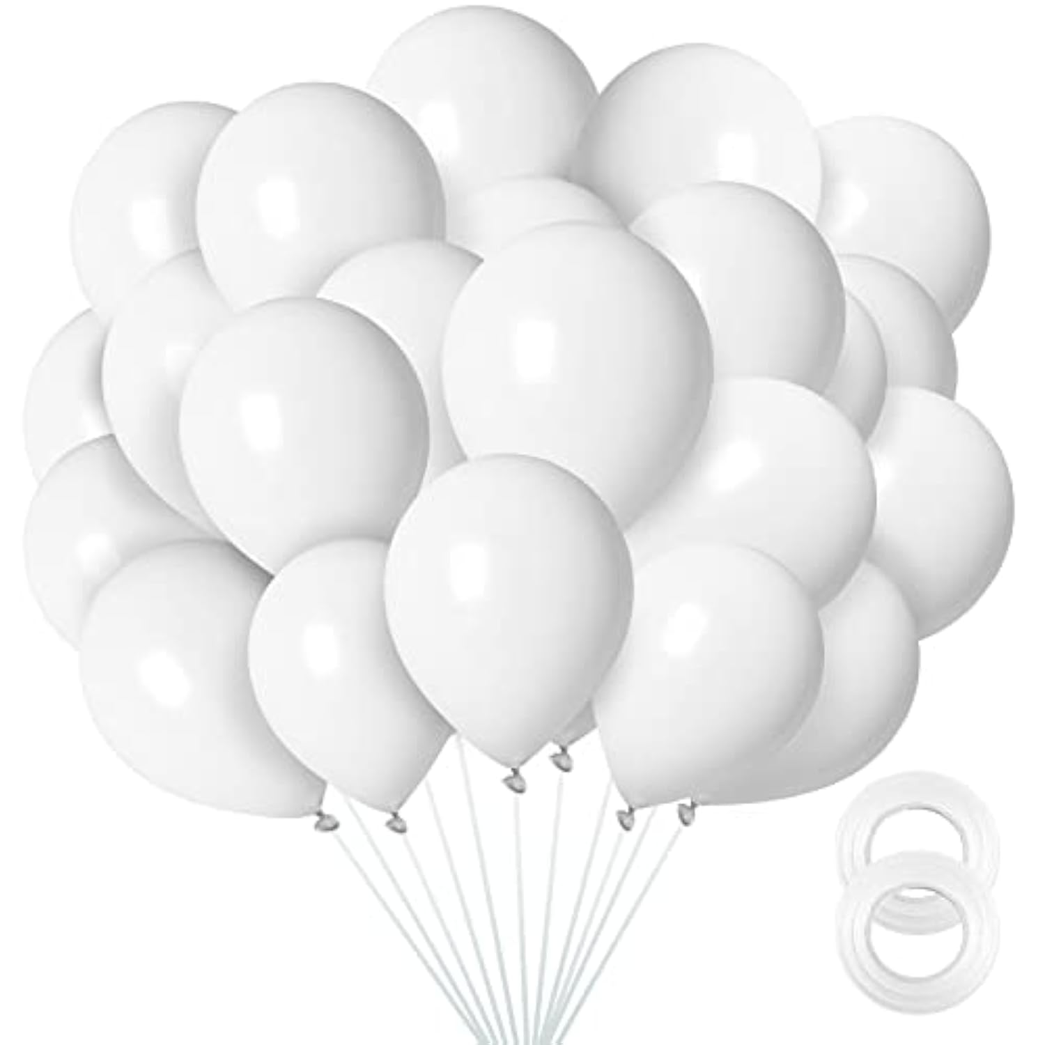 12 Inch White Balloons, 100 Pack Latex Balloons Helium Quality For Birthday, Baby Shower, Wedding Party Decorations With White Ribbon