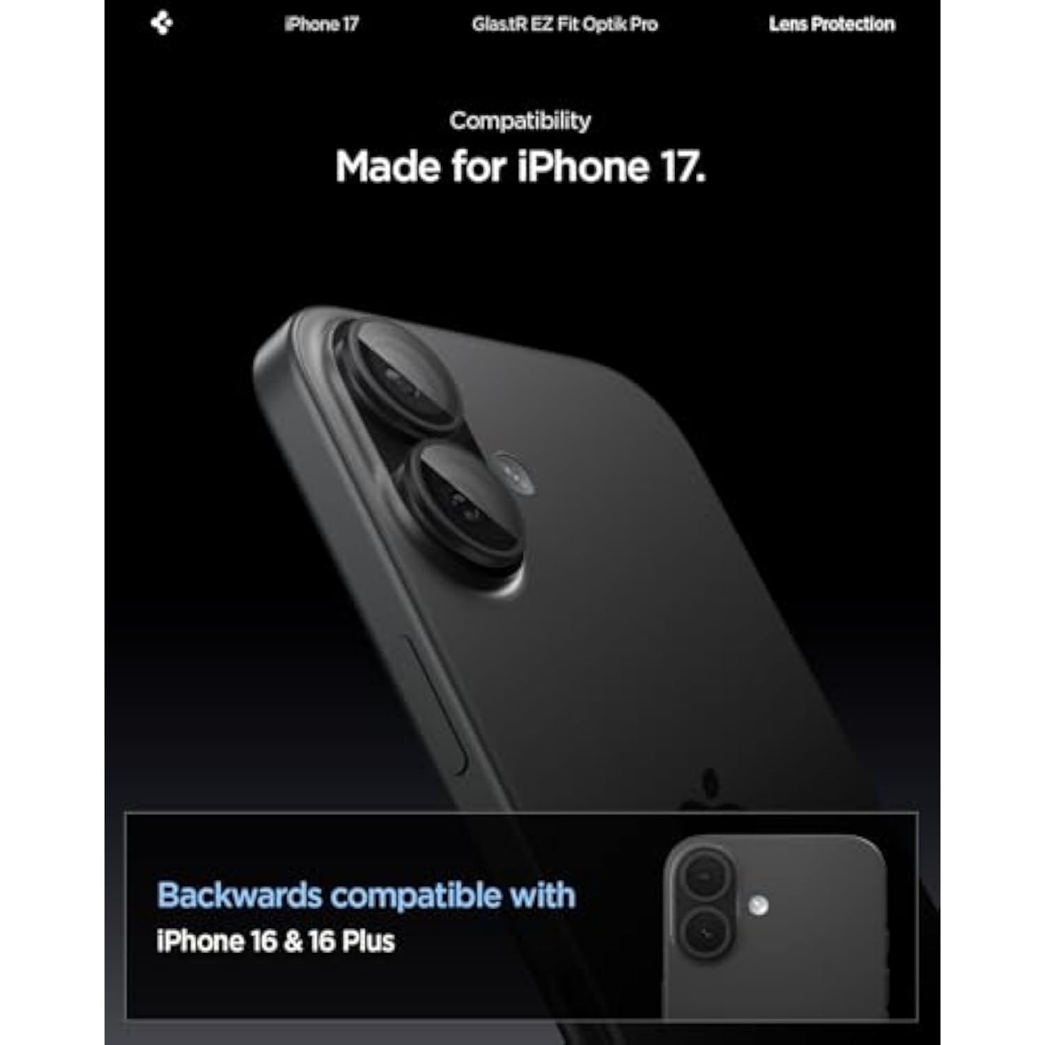 Spigen Camera Lens Screen Protector [GlasTR EZ Fit Optik Pro] Designed for iPhone 17 | iPhone 16 Plus | iPhone 16 [Case Friendly] - Black [2 Pack]