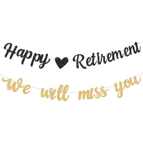 Black Gold Happy Retirement Banner&We Will Miss You Banner Pre Strung Glitter Retirement Party Decorations Retired Sign for Coworker Going Away Farewell Party Supplies Men Women