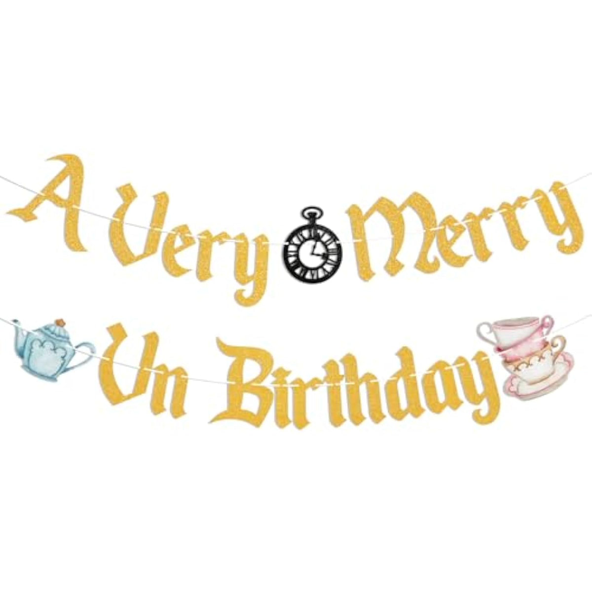 A Very Merry Unbirthday Banner – Gold Glitter Wonderland Party Decor
