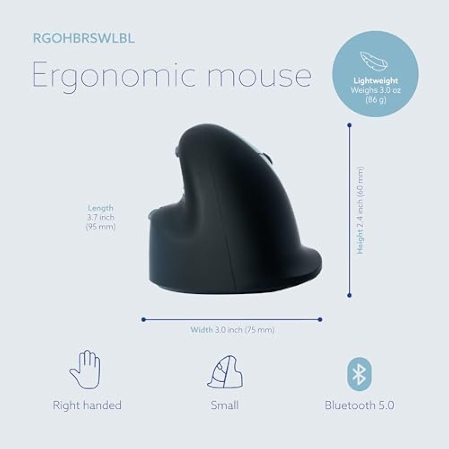 R-Go HE Break Ergonomic Mouse, Wireless Bluetooth - Vertical Ergo Mouse, for Small Hand, Prevents Tennis Elbow/Mouse Arm RSI, Silent Click - for Windows/MacOS, Black