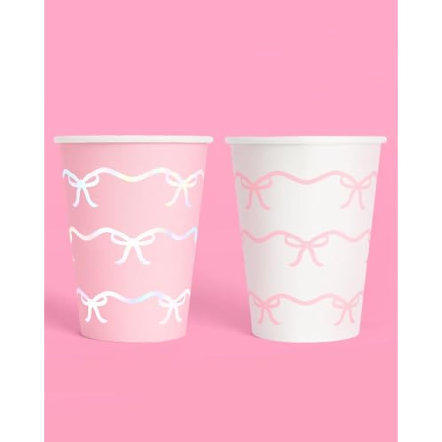 Pink Bow Paper Cups - 24 Disposable 14 Oz | Pastel Birthday Decorations, Tying The Knot Bridal, Girls Baby Shower, Tea Party Bachelorette, Coquette Decor