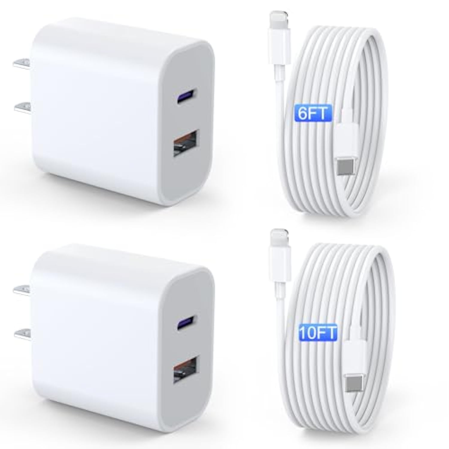 Ipad Charger 2 Pack 20W Dual Port Qc + Pd 3.0 Power Adapter Fast Wall Charger Block With 6Ft&10Ft Lightning Cord Cable For Ipad 9/8/ 7 Generation, Ipad Air, Ipad Mini, Ipad Pro, Iphone