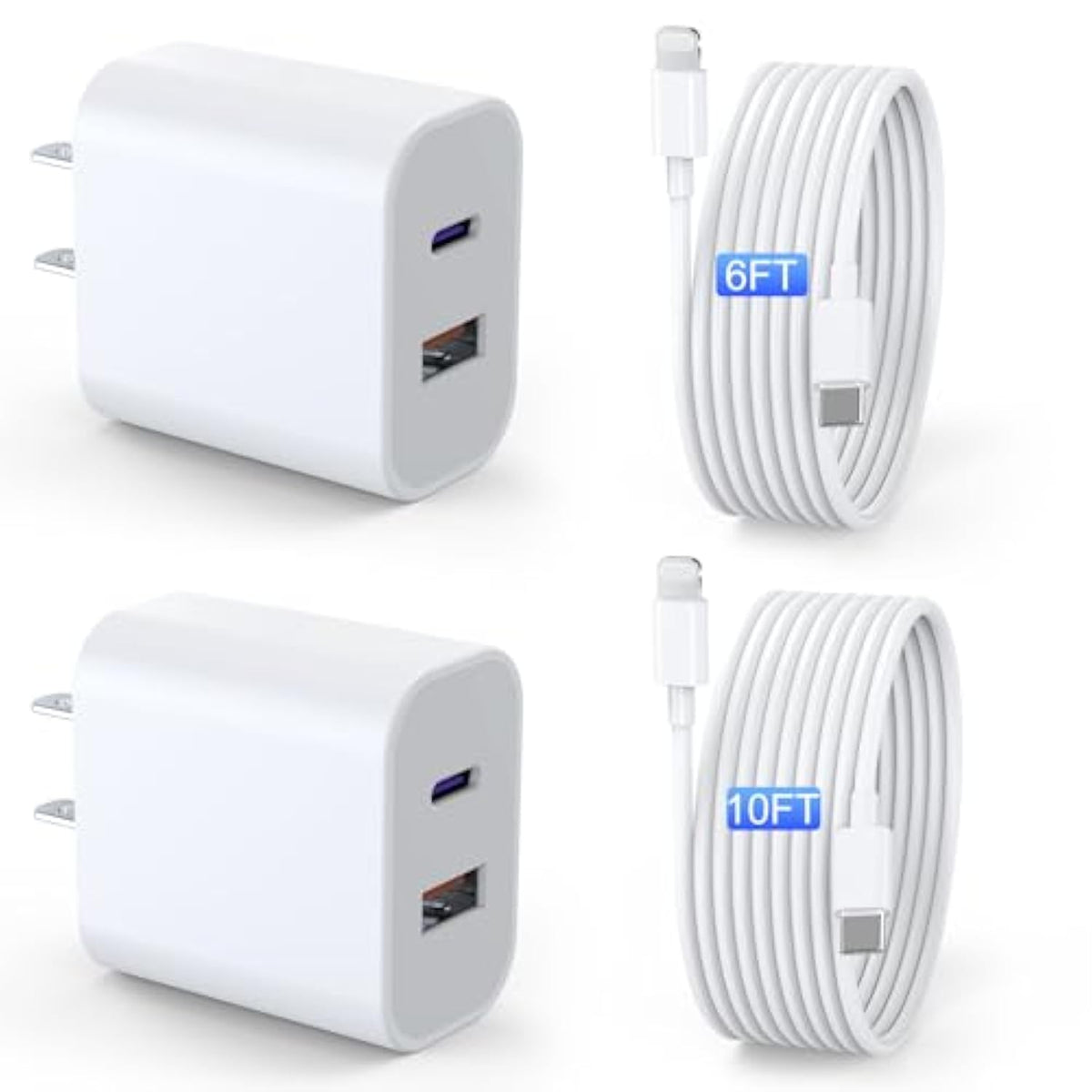 Ipad Charger 2 Pack 20W Dual Port Qc + Pd 3.0 Power Adapter Fast Wall Charger Block With 6Ft&10Ft Lightning Cord Cable For Ipad 9/8/ 7 Generation, Ipad Air, Ipad Mini, Ipad Pro, Iphone