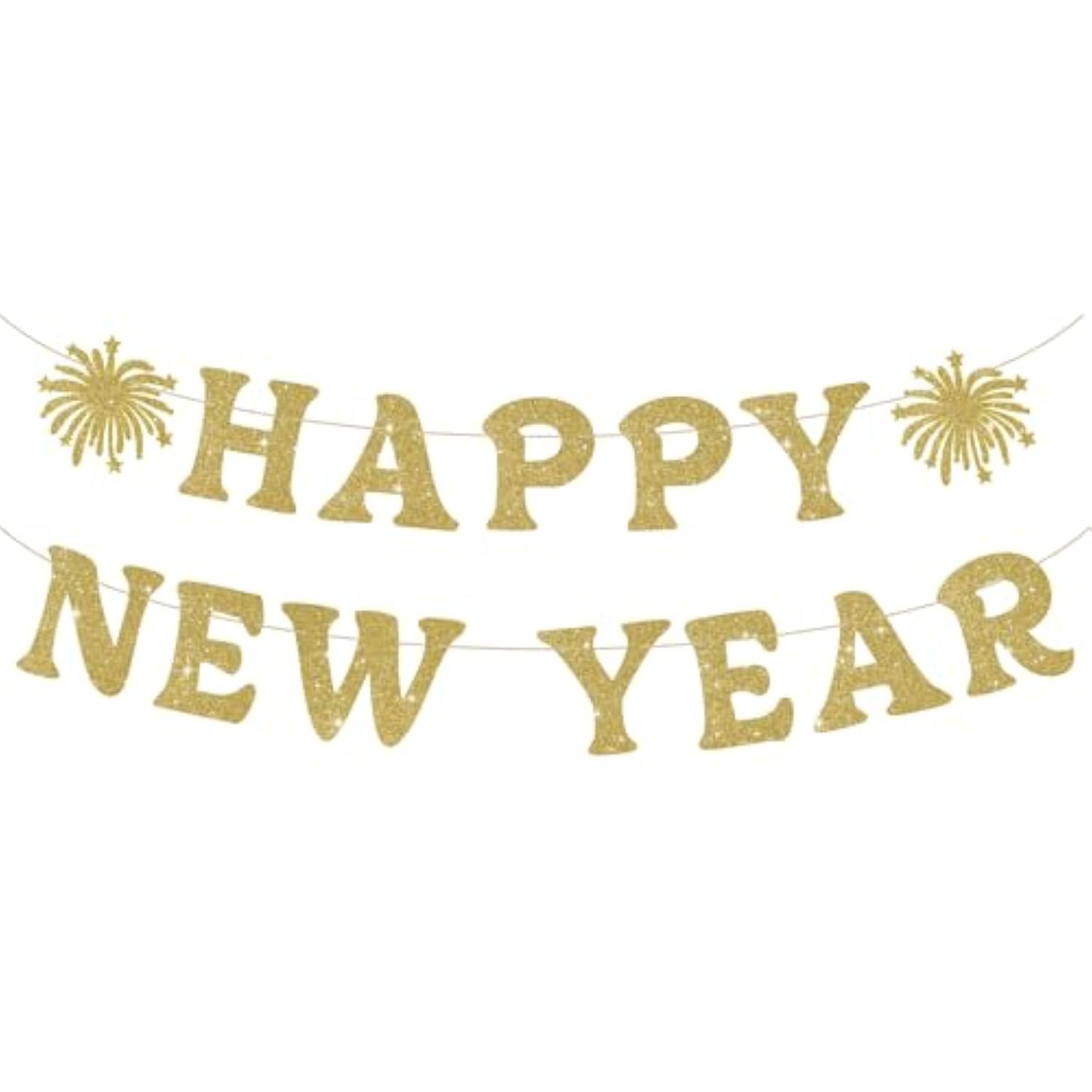 Happy New Year Banner Gold Glitter Pre-Strung Party Sign for NYE Decor