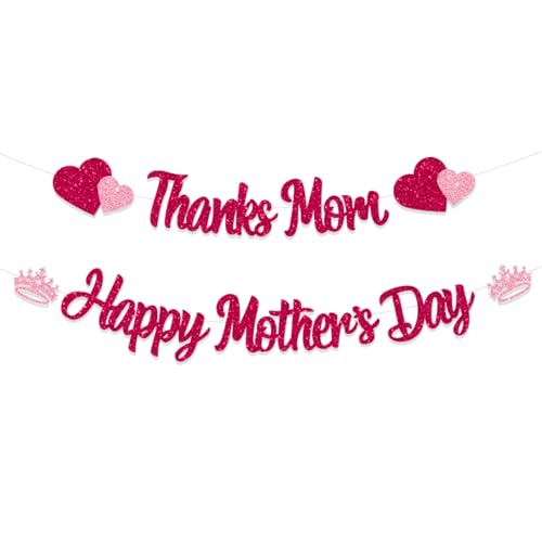 Glitter Happy Mother's Day Banner Thanks Mom Banner Garland Happy Mothers Day Decorations for Party Supplies Mother's Day Decor Mothers Day Garlands Sign