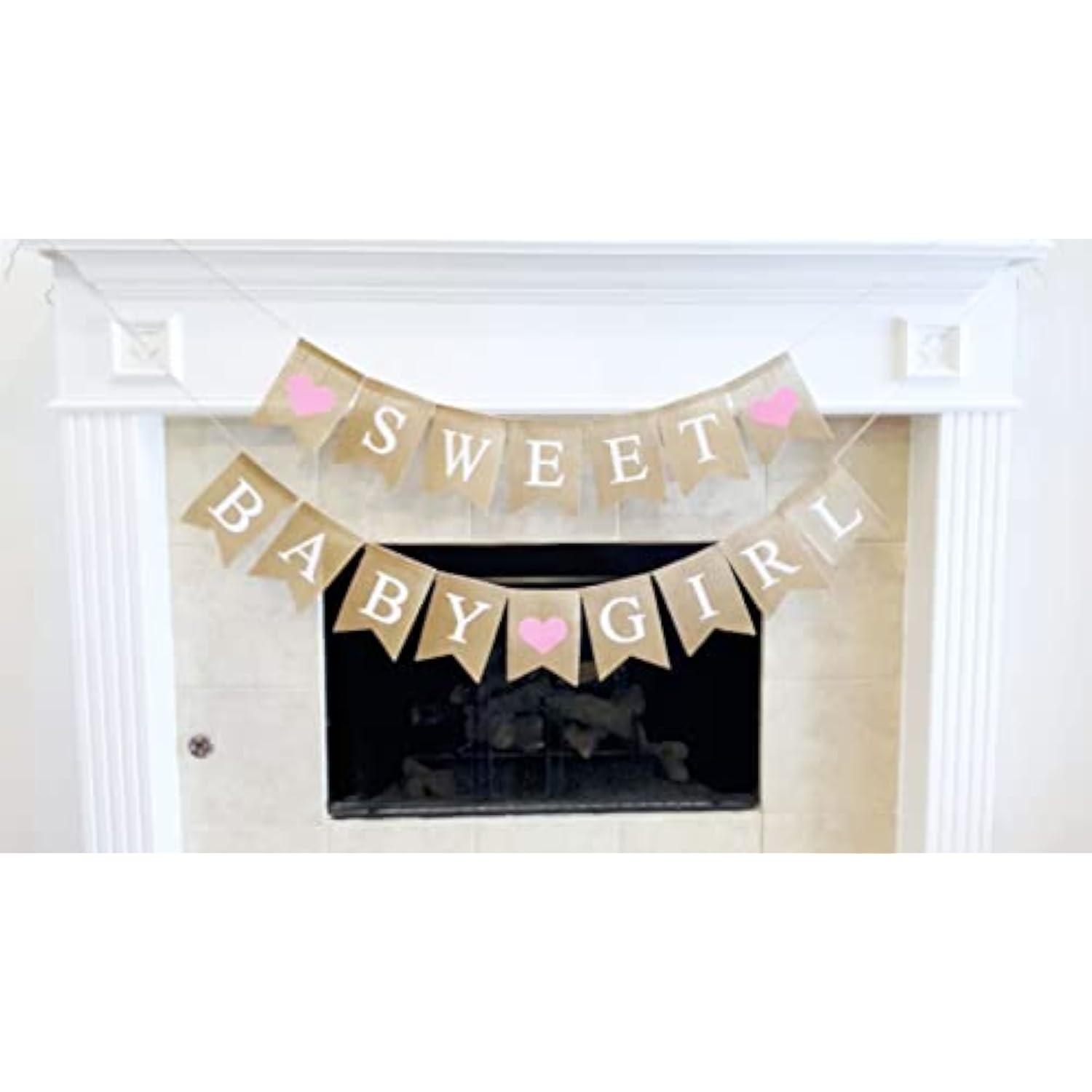 2pcs Sweet Baby Girl Burlap Banner with Light Pink Hearts for Baby Shower Decor