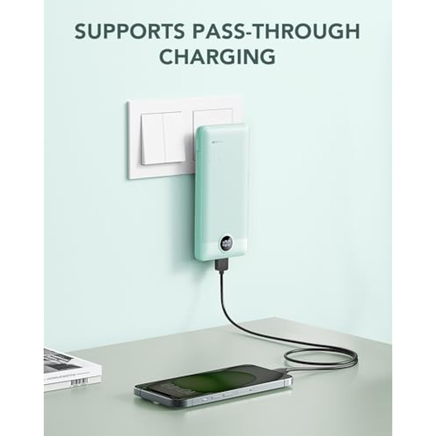 Portable Charger Built-In Cables And Ac Wall Plug, Usb C Power Bank 10000Mah, Portable Phone Charger Compact Lightweight External Battery Pack For Smart Phones, Tablets Etc-Green