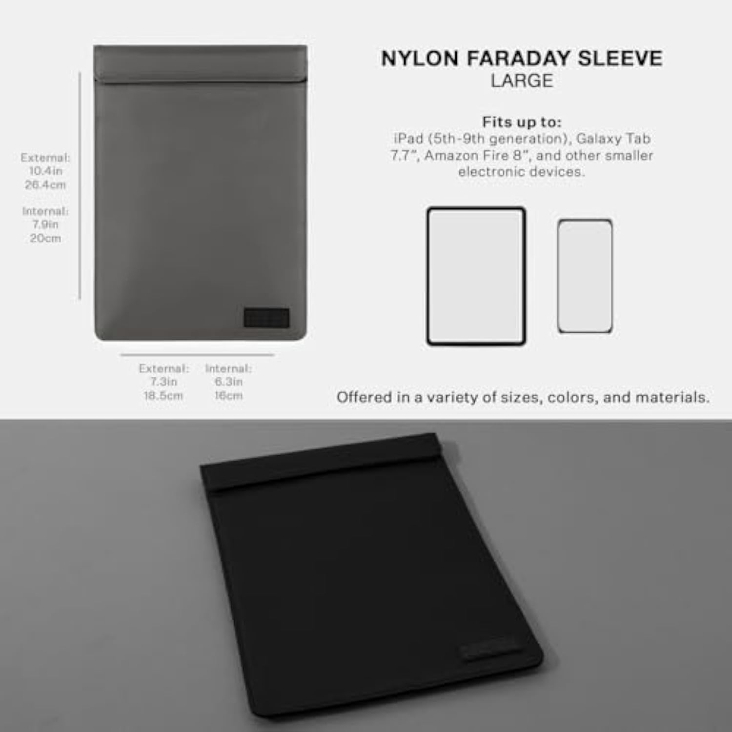 SLNT Faraday Bag Tablet Sleeve with Silent Pocket - Leather or Weatherproof Nylon, Signal Blocking Device Shielding for iPad, Samsung Galaxy Tab, Most Tablets, Privacy (Charcoal Grey Nylon, Large)