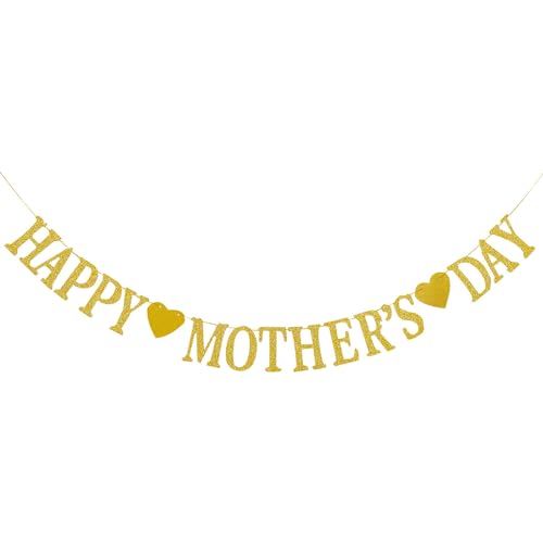 Happy Mother's Day Decorations Banner - NO DIY - Gold Glitter Mothers Day Party Supplies Decorations Backdrop for Mom Photo Props Photography