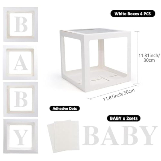 Baby Boxes With Letters For Baby Shower, 4 Transparent Balloon Boxes With Letters For Gender Reveal Birthday Wedding Baby Shower Decorations (White)