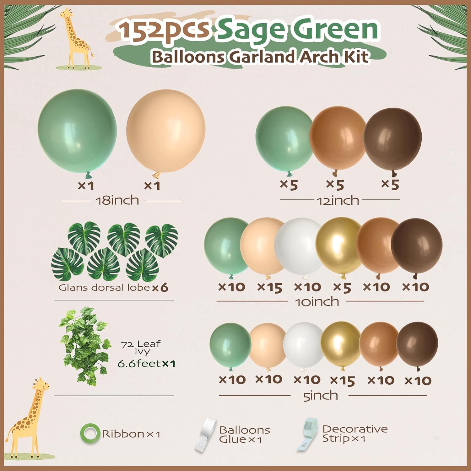 152pcs-Piece Sage Green and Brown Balloon Garland Kit with Palm and Ivy Leaves for Jungle Safari Parties