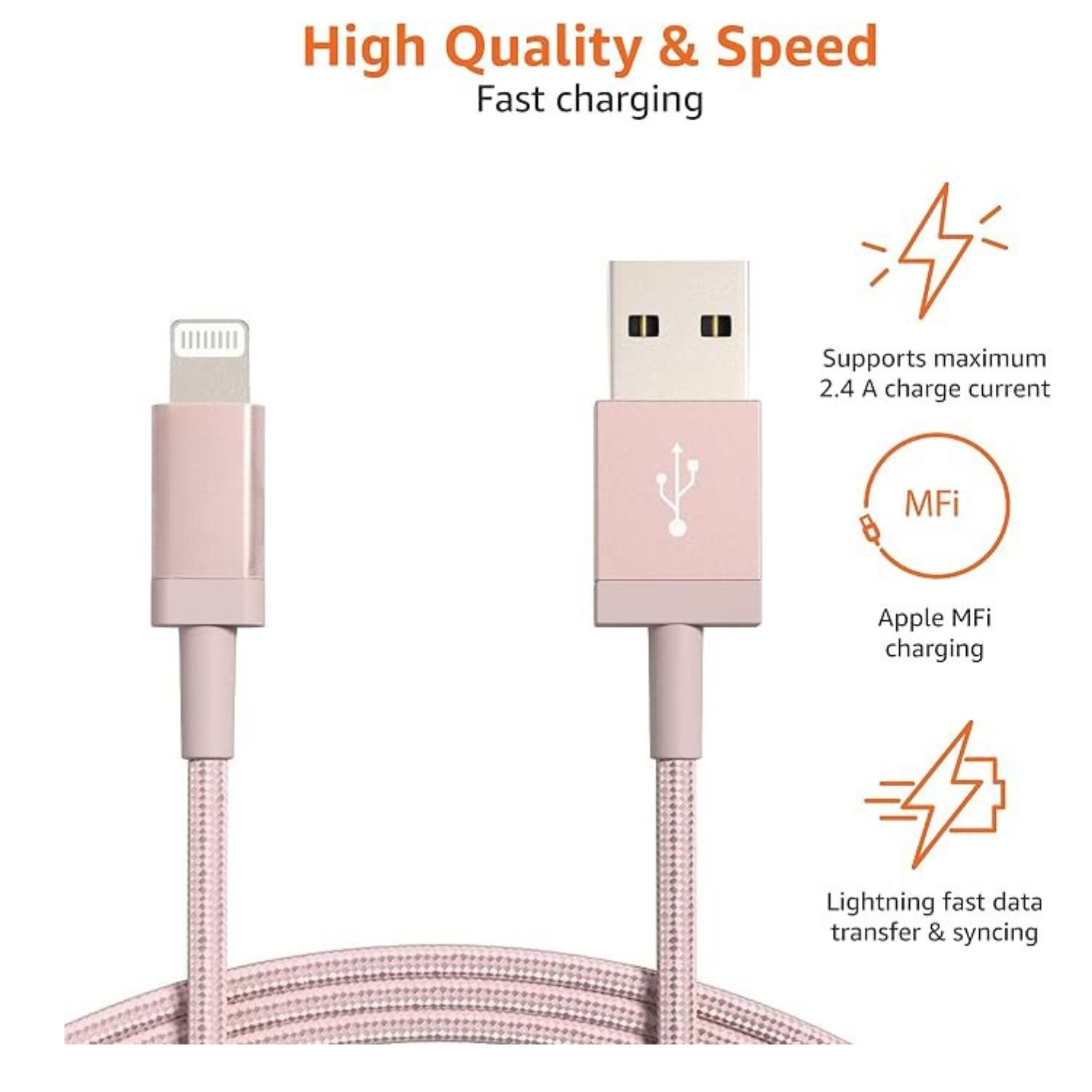 3FT MFi Certified USB A to Lightning Cable Nylon Braided Fast Charging Rose Gold
