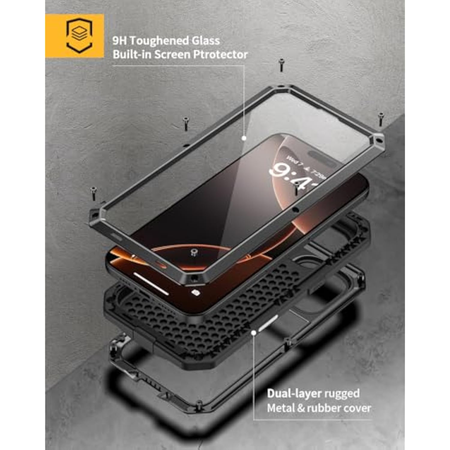 For Iphone 16 Pro Max Case, Metal Heavy Duty Shockproof Tough Rugged Case With Built-In Glass Screen Protector, 360 Full Body Dustproof Strong Protective Phone Case For 16 Pro Max 6.9", Black